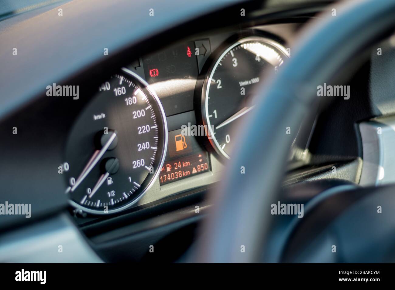 Car dashboard instrument cluster.Car panel indicators, yellow, red