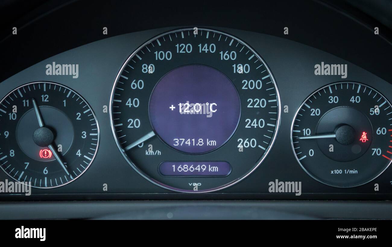 Car dashboard instrument cluster.Car panel indicators, yellow, red