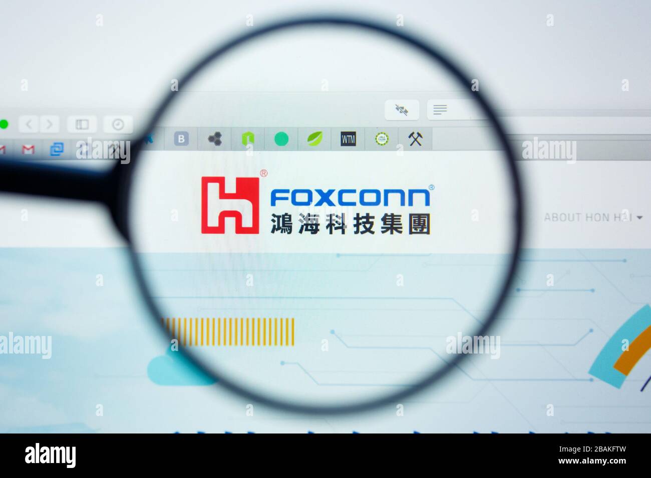 Los Angeles, California, USA - 12 June 2019: Illustrative Editorial of Foxconn website homepage. Foxconn logo visible on display screen Stock Photo