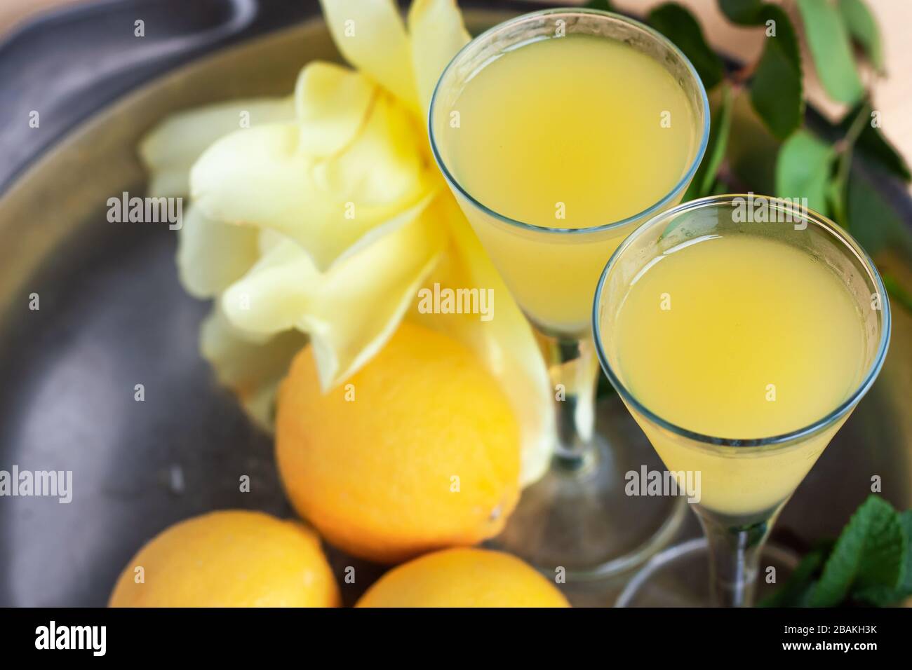 https://c8.alamy.com/comp/2BAKH3K/limoncello-in-elegant-liquor-glasses-with-lemons-mint-and-yellow-rose-on-steel-plate-sicilian-lemon-liquor-2BAKH3K.jpg