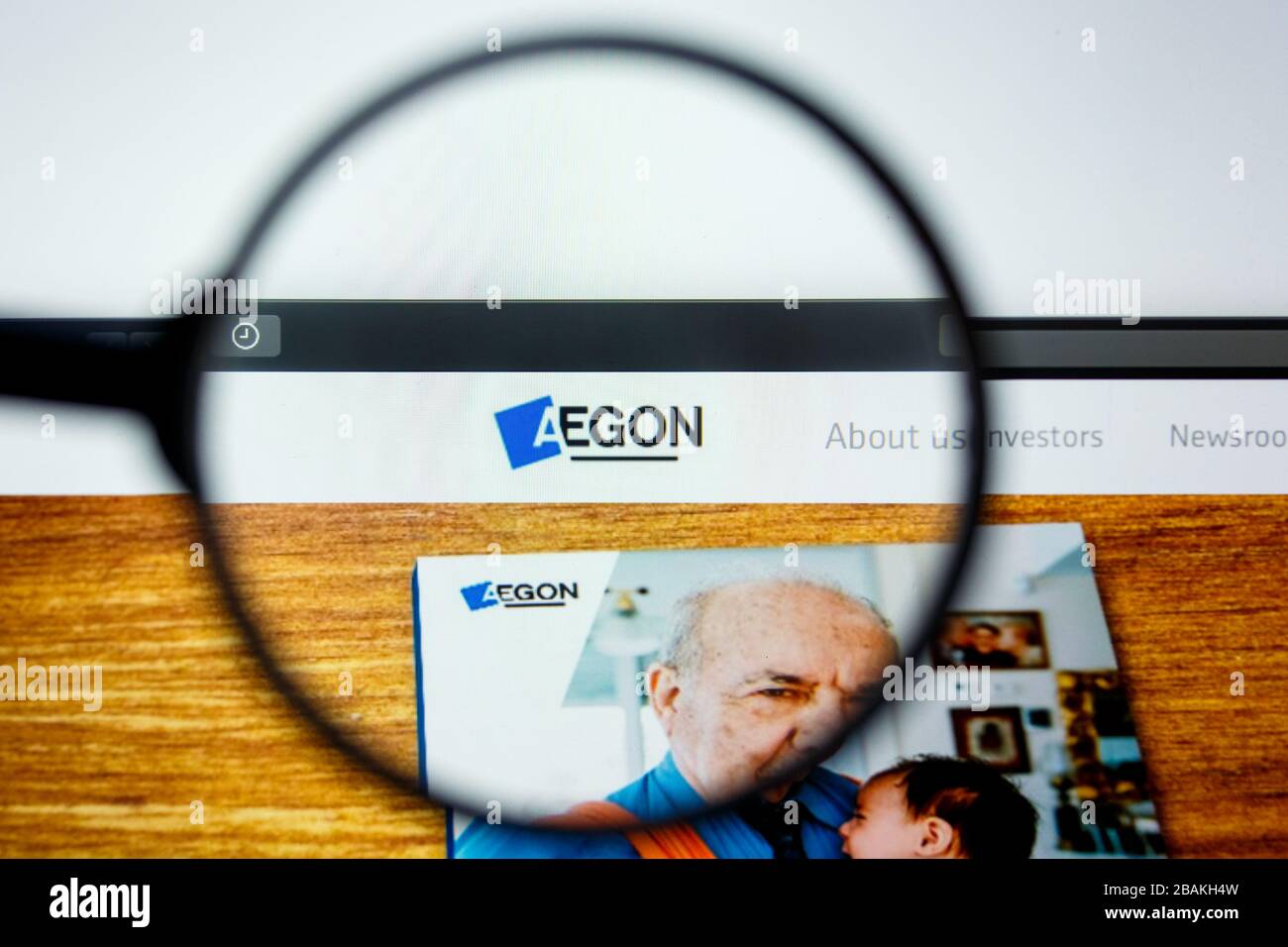 Los Angeles, California, USA - 12 June 2019: Illustrative Editorial of Aegon website homepage. Aegon logo visible on display screen Stock Photo