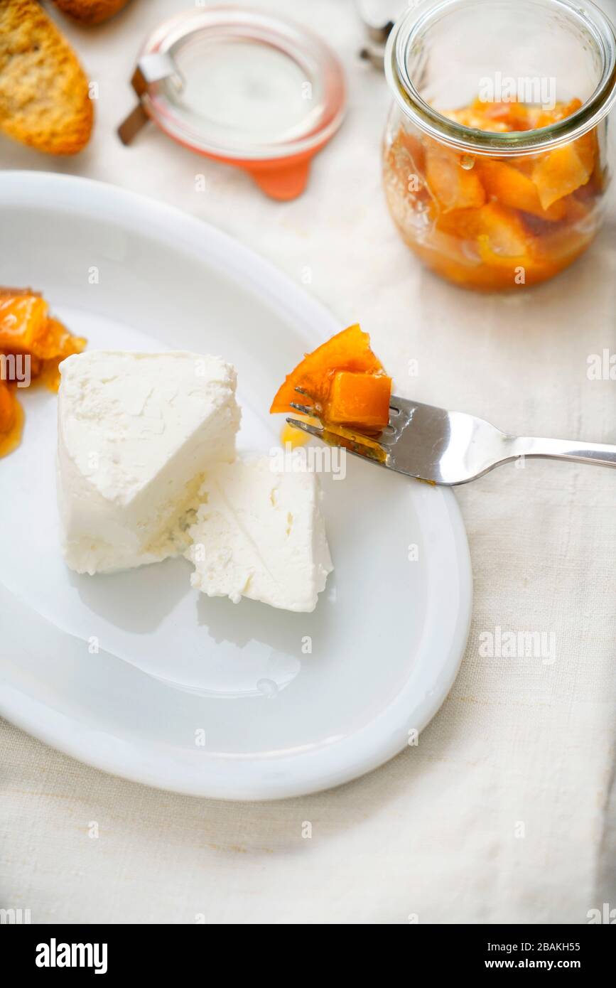 Fresh goat cheese Robiola with sicilian oranges mustard, Sicily, Italy, Europe Stock Photo