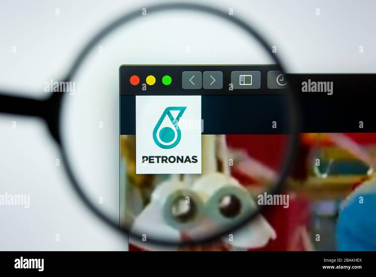 Los Angeles, California, USA - 12 June 2019: Illustrative Editorial of Petronas website homepage. Petronas logo visible on display screen Stock Photo