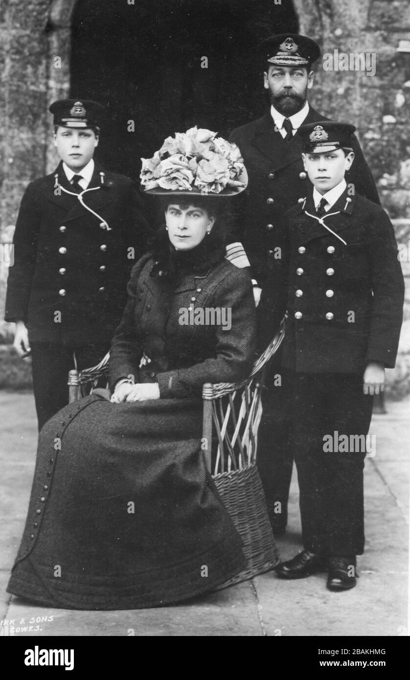 The Prince of Wales (1865-1936) (became King George V) with Princess Mary of Teck (1867-1953) (became Queen Mary)  and sons  Albert (became King George VI) and Edward (became King Edward VIII).    To see my Royals-related vintage images, Search:  Prestor  vintage  Royal Stock Photo