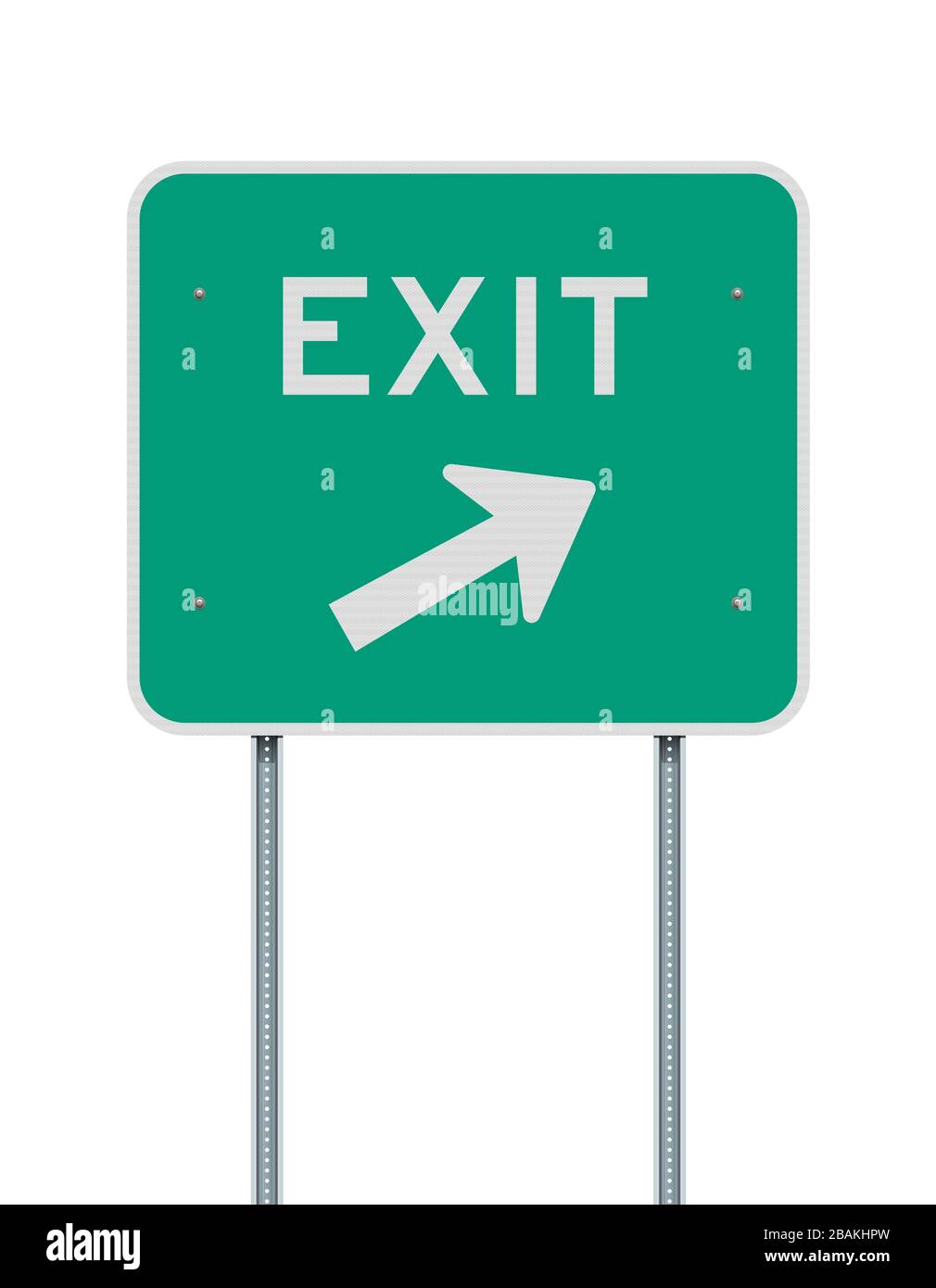 Vector illustration of the Exit direction arrow to the right green road sign on metallic posts Stock Vector