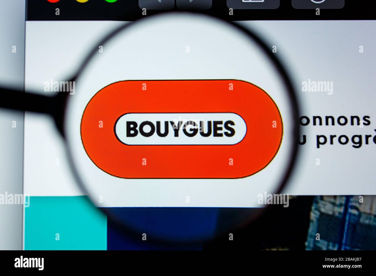 Los Angeles, California, USA - 12 June 2019: Illustrative Editorial of Bouygues website homepage. Bouygues logo visible on display screen Stock Photo