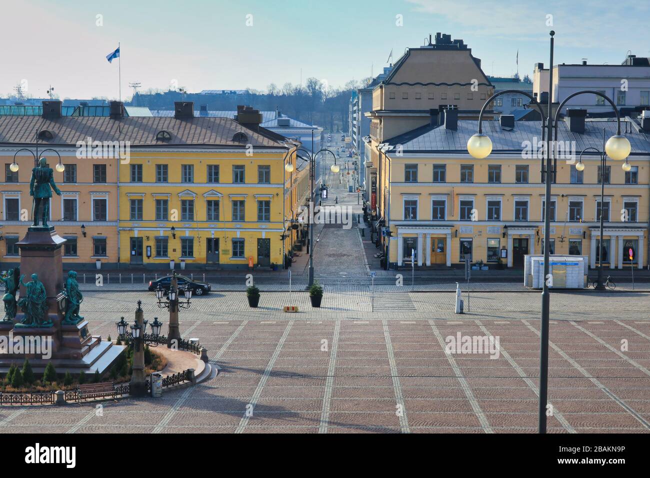 Helsinki, Finland. March 28, 2020. Empty Senate Square during coronavirus pandemic. The square is normally busy with visitors and tourist buses. Stock Photo