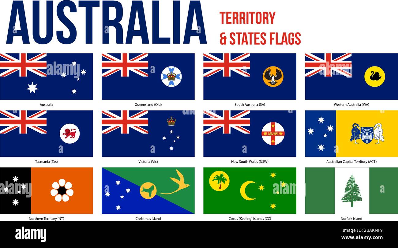 Australia All States, Internal Territories And The External Territory Flags Vector Illustration on White Background. Stock Vector