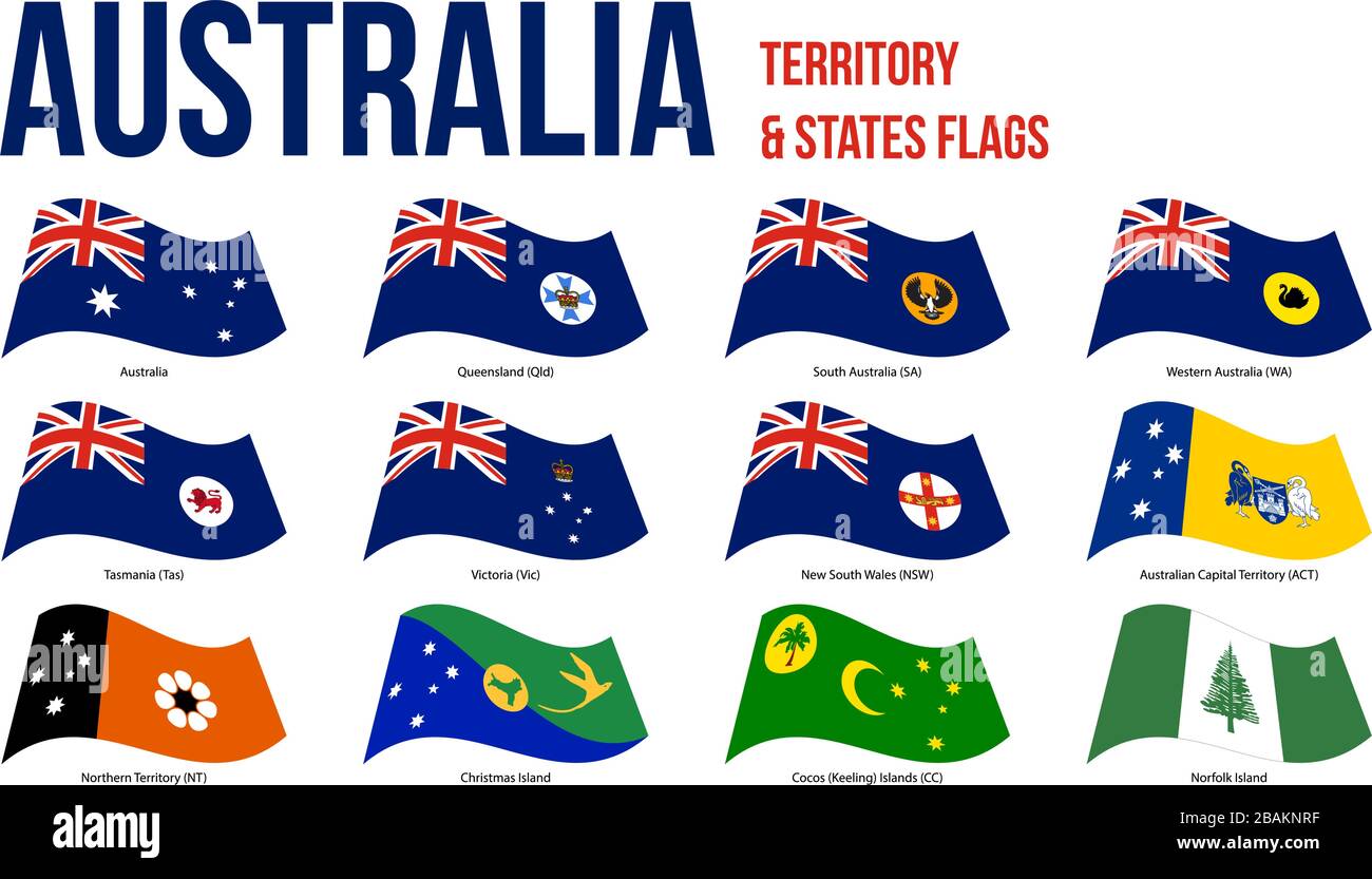 Australia All States, Internal Territories And The External Territory Flags Waving Vector Illustration on White Background. Stock Vector