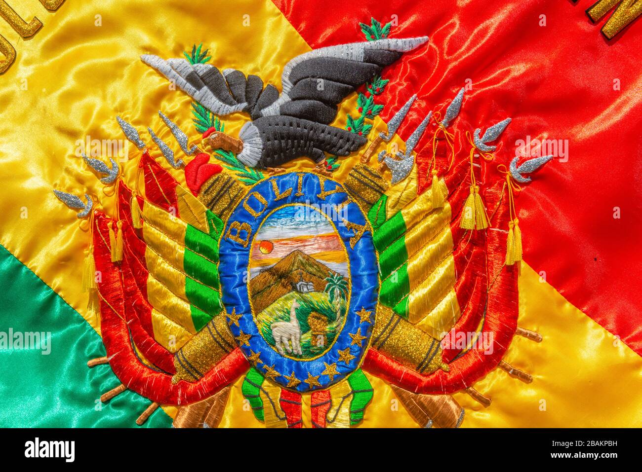 Bolivian flag and emblem at a  fiesta in Cochabamba, Department Cochabamba, Eastern Andes, Bolivia, Latin America Stock Photo