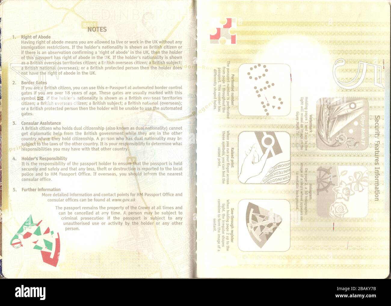 Inside Pages Of United Kingdom European Union Passport, Pages 4 and 5 of United Kingdom Of Great Britain And Northern Ireland Passport Stock Photo