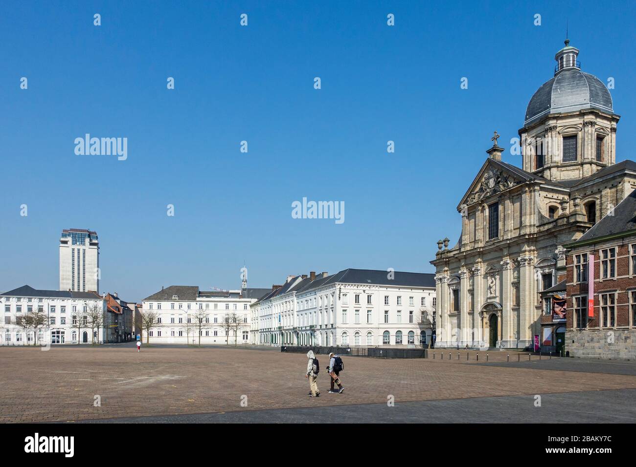 Almost completely deserted St Peter's Square, empty due to the 2020 COVID-19 / coronavirus / corona virus pandemic in the Flemish city Ghent, Belgium Stock Photo