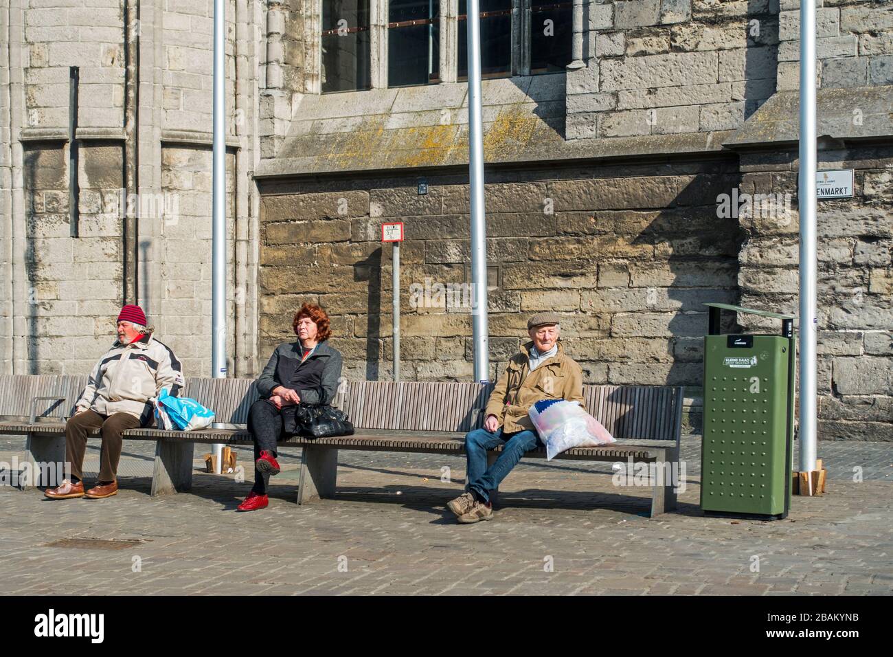Social distancing due to the 2020 COVID-19 / coronavirus / corona virus pandemic in the Flemish city centre of Ghent, East Flanders, Belgium Stock Photo