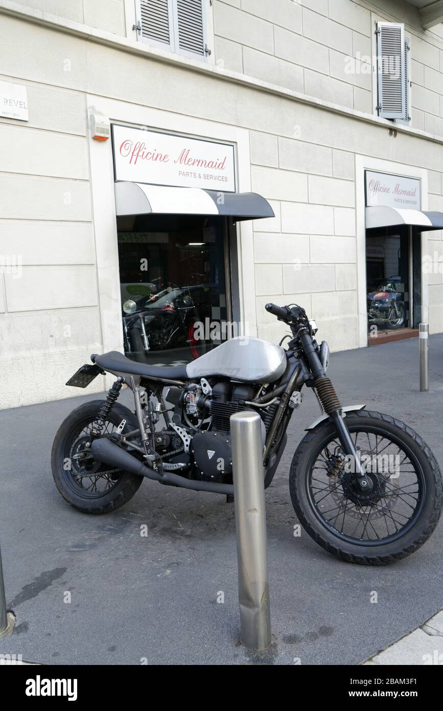 Officine Mermaid Custom Motorcycle Garage Isola District Milan Lombardy Italy Europe Stock Photo Alamy