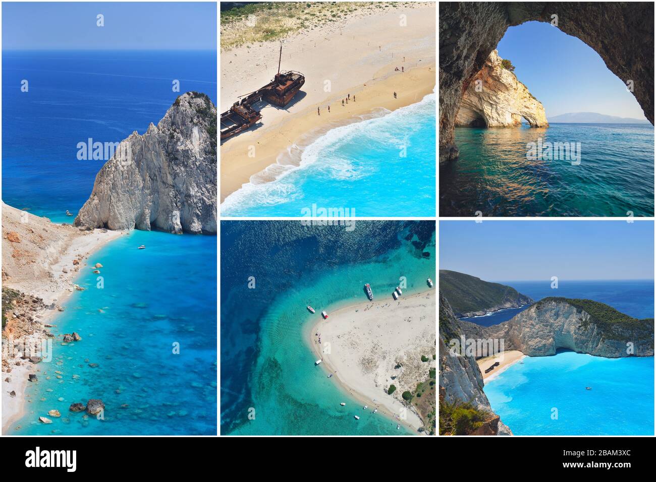 Photo collage Greece. Greek Islands. Zakynthos, Marathonisi, Blue Caves, Navagio Beach. Travel concept Stock Photo