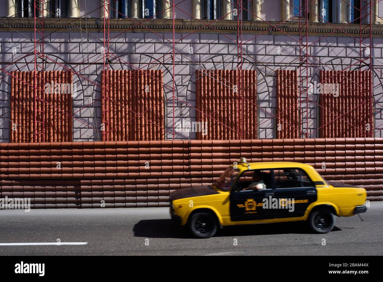 people, taxi, sidings, renovation, building, street, 2014, Cuba Stock Photo