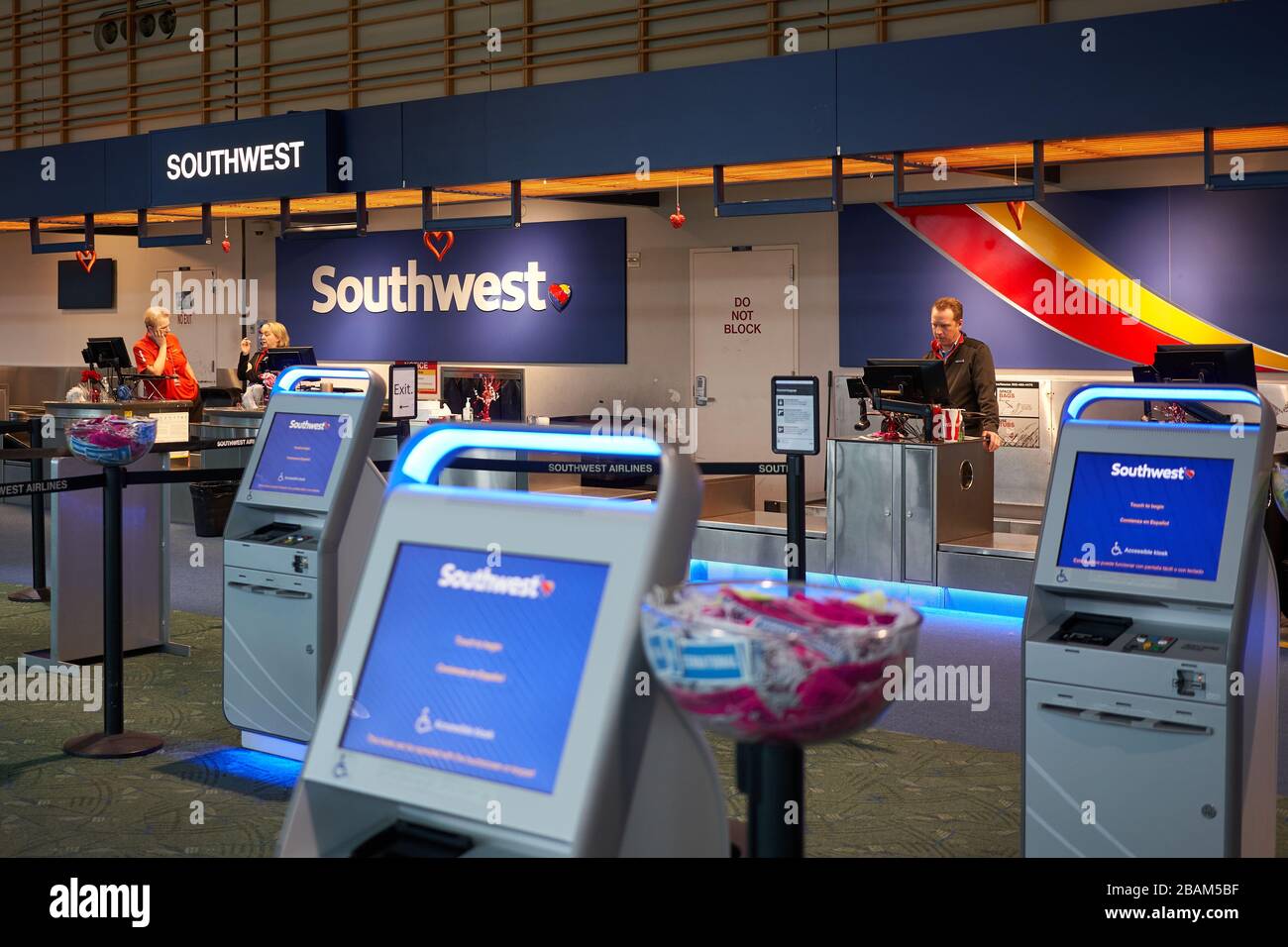 The Southwest Airlines check-in area in Portland International Airport on Feb 7, 2020. Stock Photo