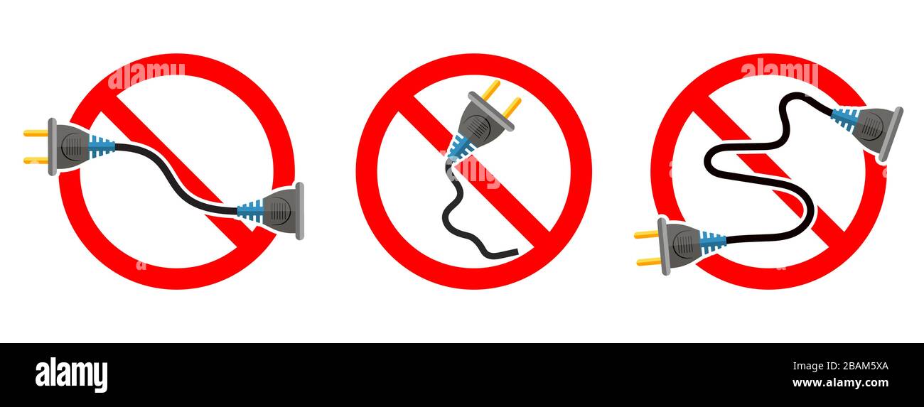 Electric cord is ban. Extension cord ban. Set of red vector danger signs  isolated. Hazard electric icons Stock Vector Image & Art - Alamy