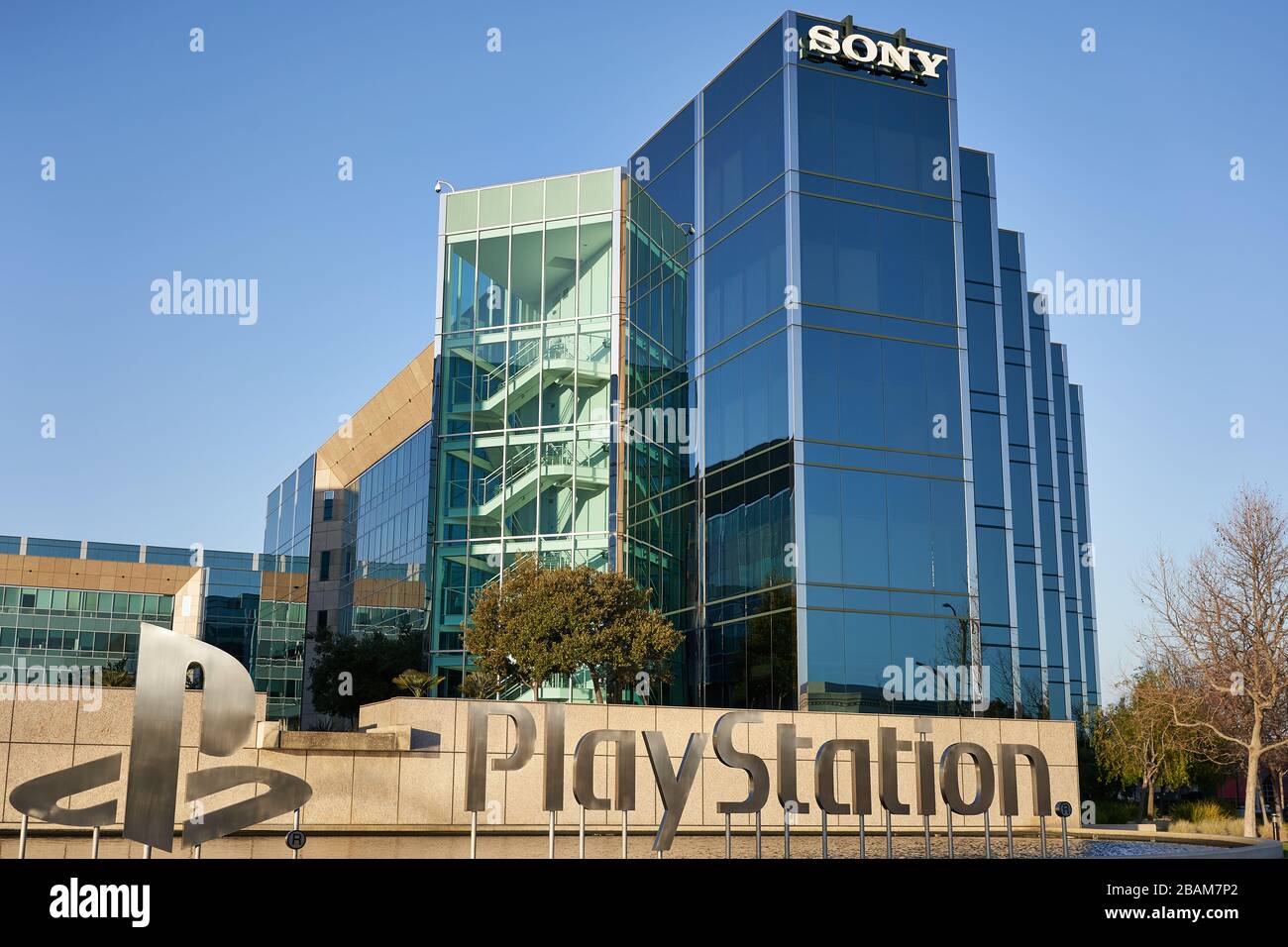 The Sony PlayStation logo is seen at Sony Interactive Entertainment Headquarters in San Mateo, California, United States. Stock Photo