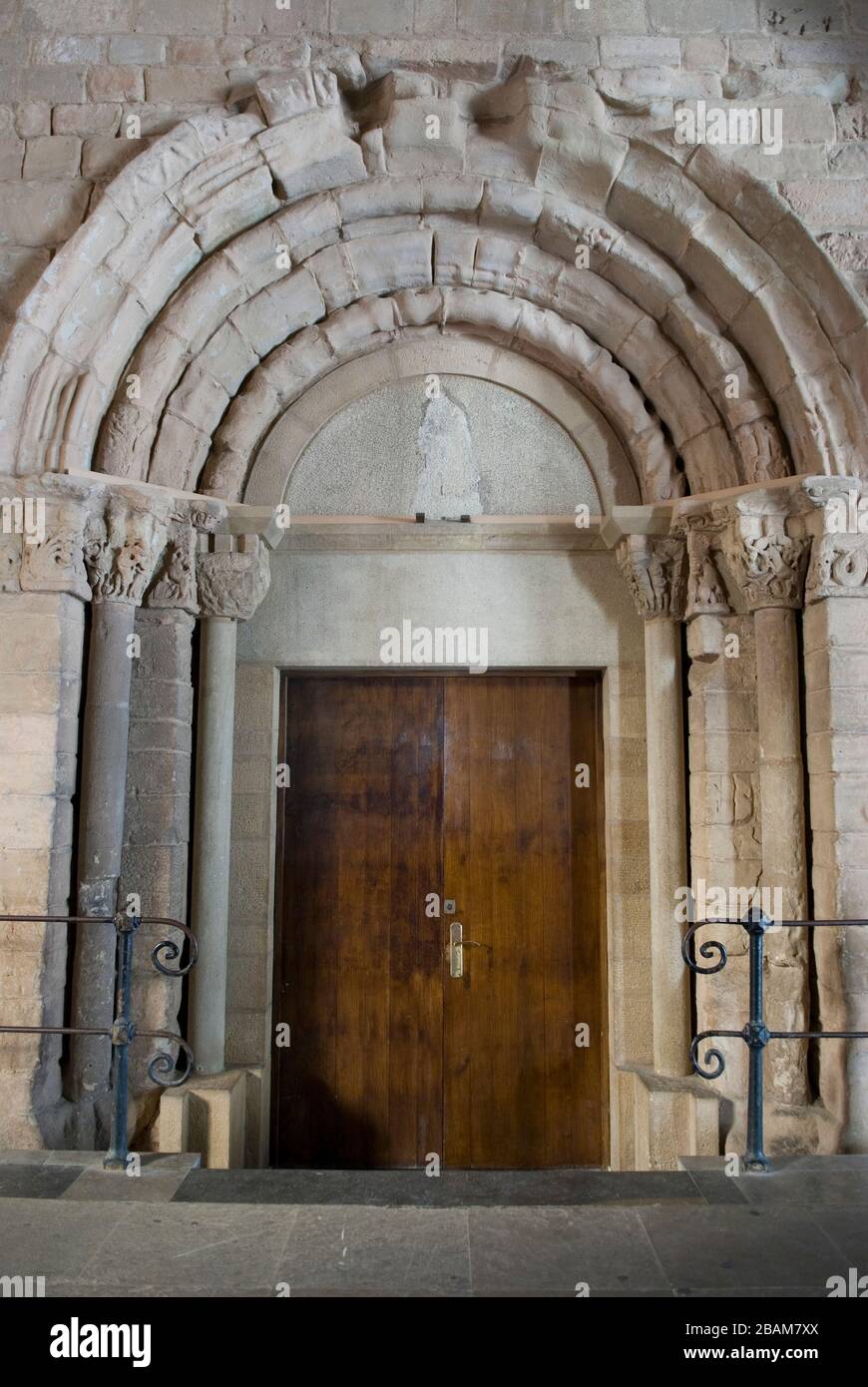 Portalada romànica de l'antiga església de Santa Maria, Montserrat, Monestir de Montserrat, Montserrat, Catalonia, Europe Stock Photo