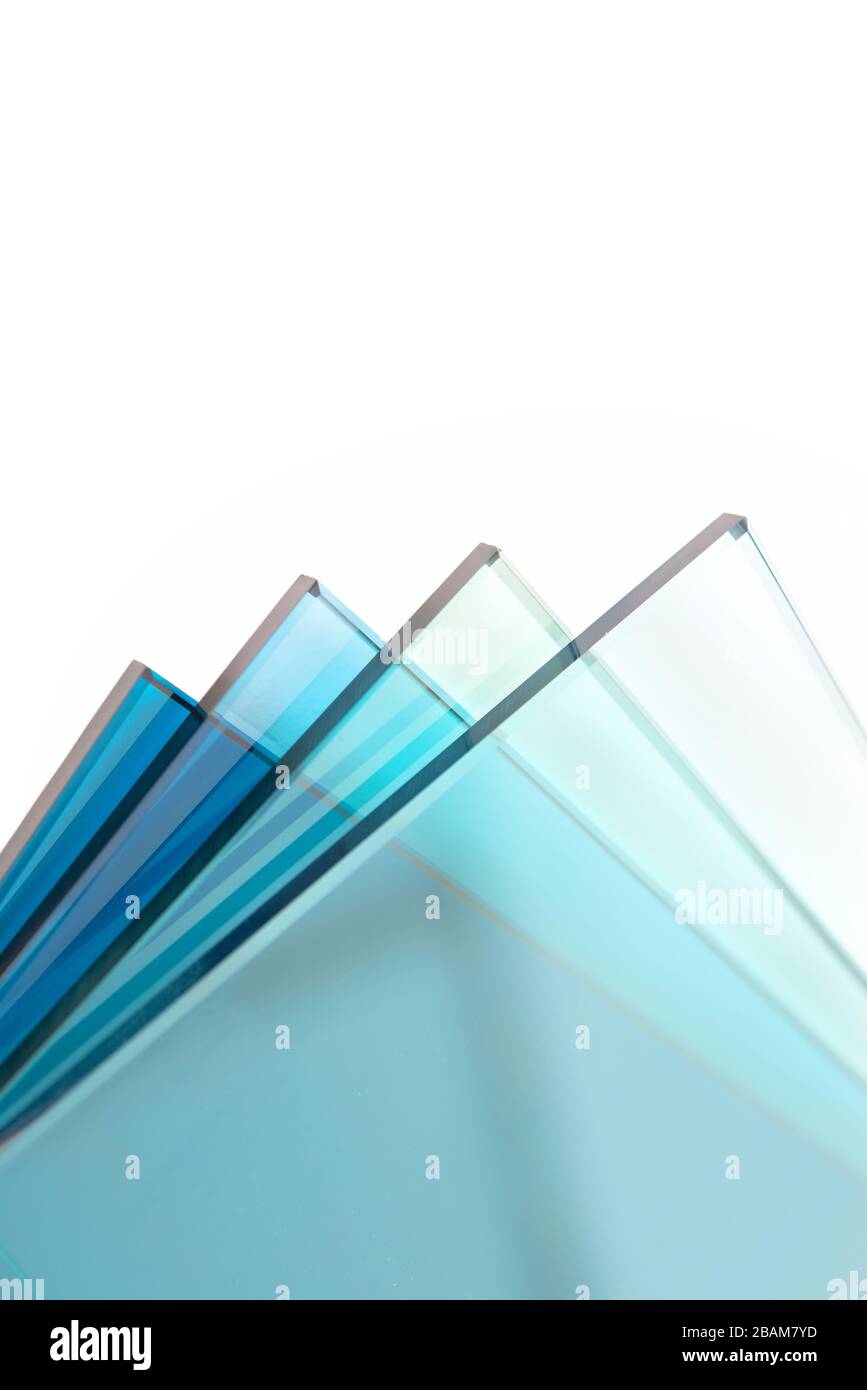 Sheets of glass from a factory manufacturing tempered clear float glass panels cut to size Stock Photo