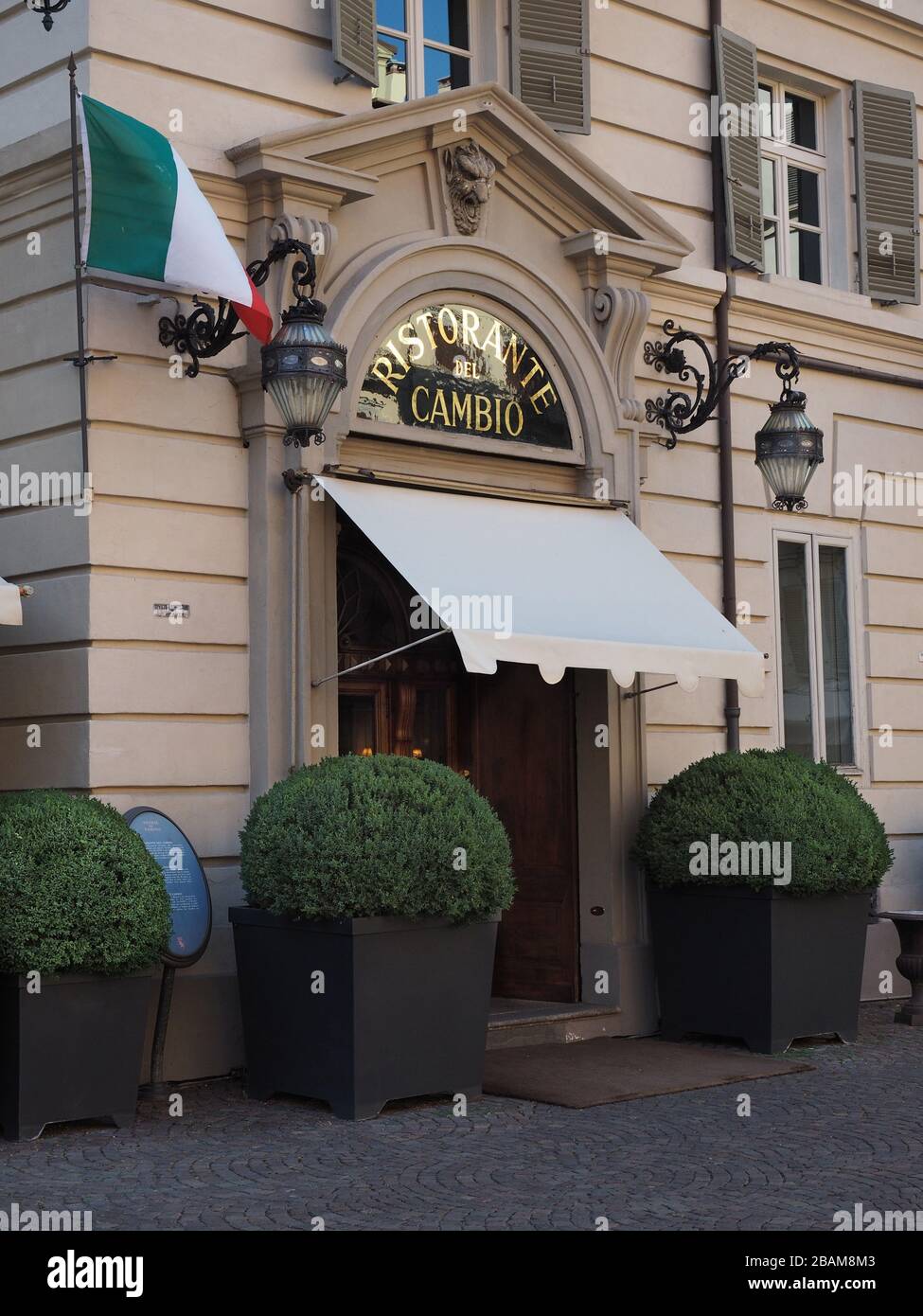Entry of the famous restaurant del Cambio, existing in the 18th century,Del Cambio owes its fame to the illustrious people who used to have lunch: amo Stock Photo