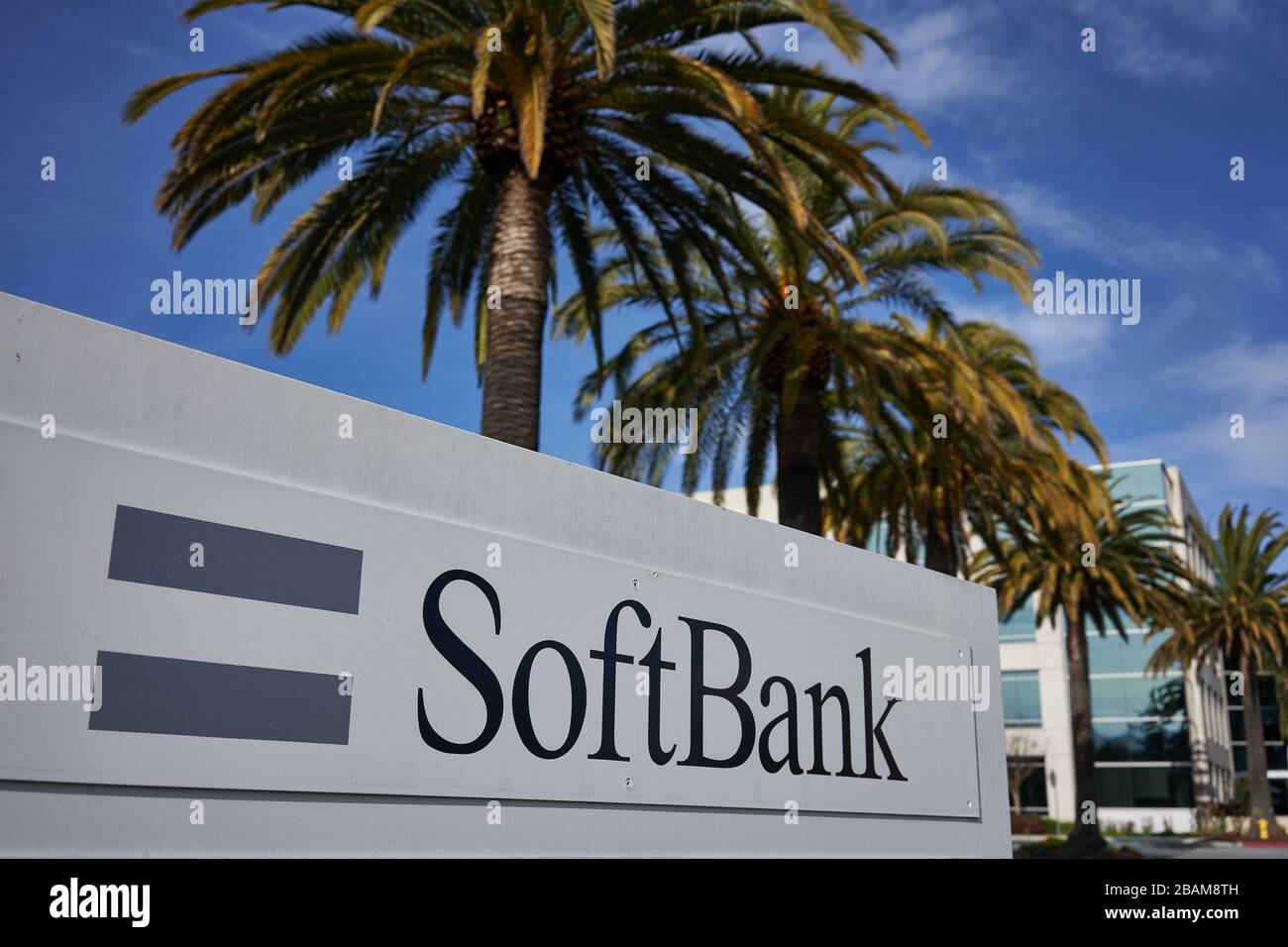 The entrance sign at Japanese multinational conglomerate holding company SoftBank Group Corp.'s San Carlos corporate campus in California, USA. Stock Photo