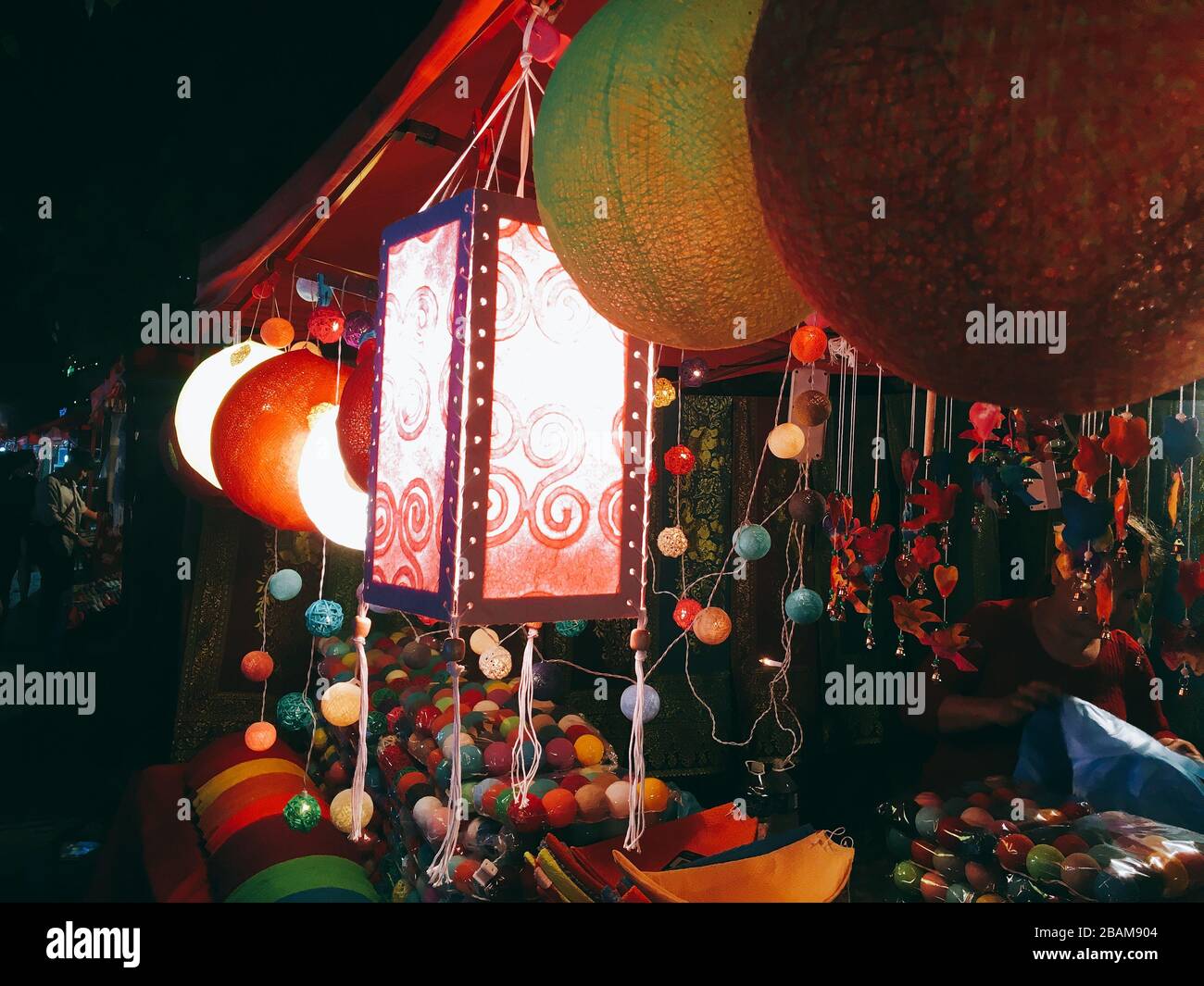 Colorful Red Lights and Ornaments of Laos at Night Market, Vientiane, Laos Stock Photo