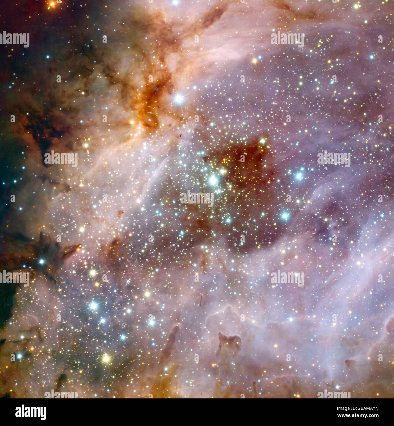 English: Astronomers using data from ESO's Very Large Telescope (VLT), at  the Paranal Observatory in Chile, have made an impressive composite of the  nebula Messier 17, also known as the Omega Nebula