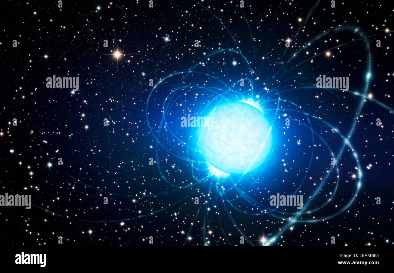 'English: This artist’s impression shows the magnetar in the very rich and young star cluster Westerlund 1. This remarkable cluster contains hundreds of very massive stars, some shining with a brilliance of almost one million suns. European astronomers have for the first time demonstrated that this magnetar — an unusual type of neutron star with an extremely strong magnetic field — probably was formed as part of a binary star system. The discovery of the magnetar’s former companion elsewhere in the cluster helps solve the mystery of how a star that started off so massive could become a magneta Stock Photo