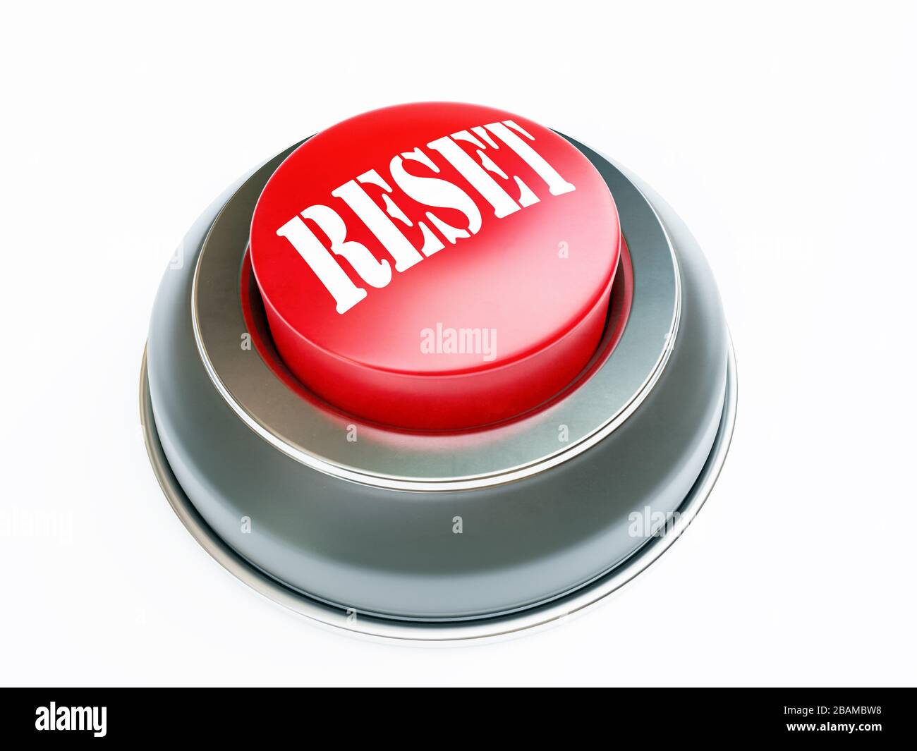 3D render of push button with red upper face and white Reset text on white background Stock Photo