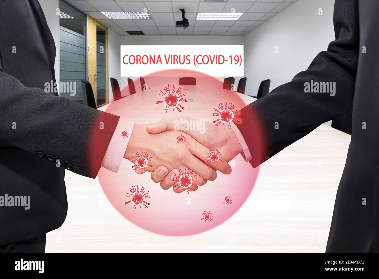 Covid-19 and Coronavirus ,Virus in hands concept. Business people shaking hands traditional in Europe with coronavirus.Concept for wash hands first. C Stock Photo
