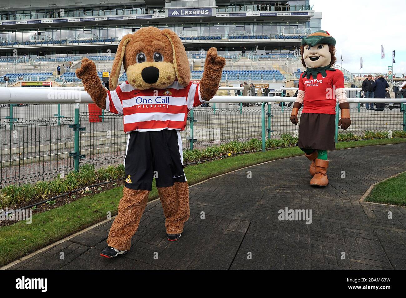 Doncaster Rovers mascot Donny The Dog and Nottingham Forest mascot Robin Hood (right) in the parade ring before the Football League Mascot Race, in support of Prostate Cancer UK. Stock Photo