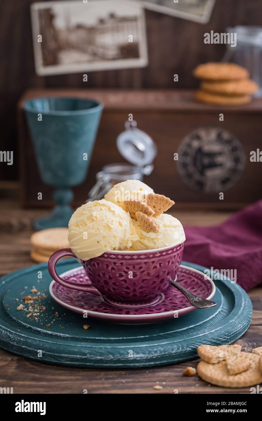 Vanilla yogurt flavour homemade ice cream balls in a cup, with biscuits