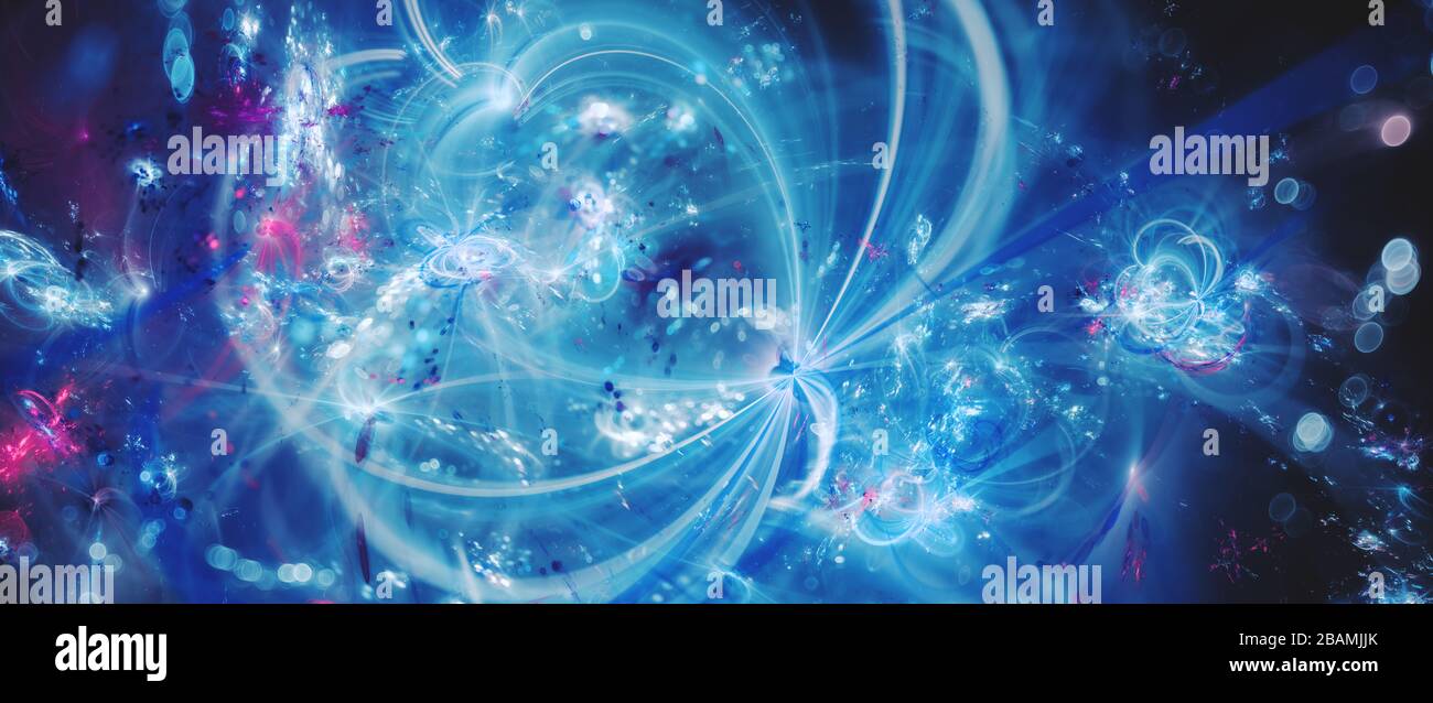 Blue glowing ethereal fantasy, computer generated abstract widescreen background, 3D rendering Stock Photo