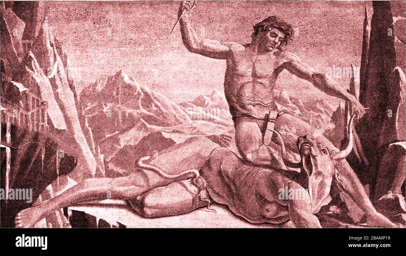 A  1930's image of Theseus slaying the Minotaur after a chase through the labyrinth. Theseus was the mythical king and founder hero of Athens.   The Minotaur was a  a half-man, half-bull monster who lived in the Labyrinth created by Daedalus. Stock Photo