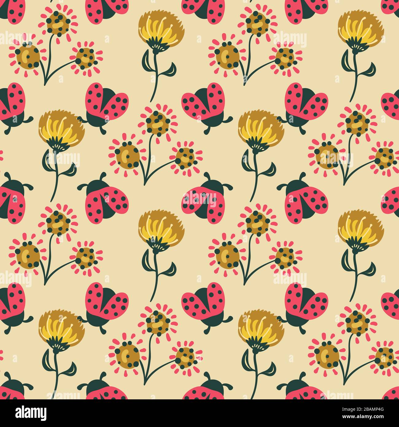 ladybugs and flowers seamless vector pattern Stock Vector