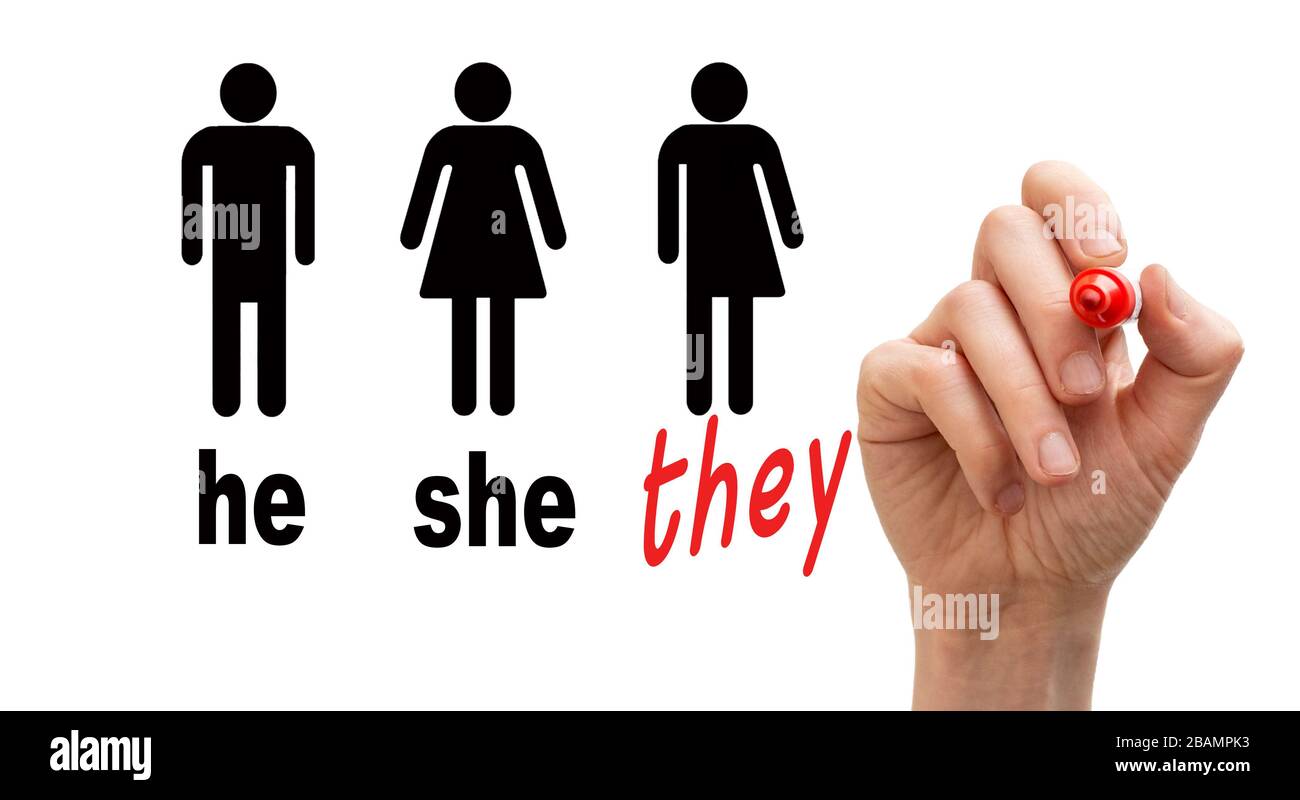 Gender neutral toilet sign concept. Word 'they' written with red marker Stock Photo
