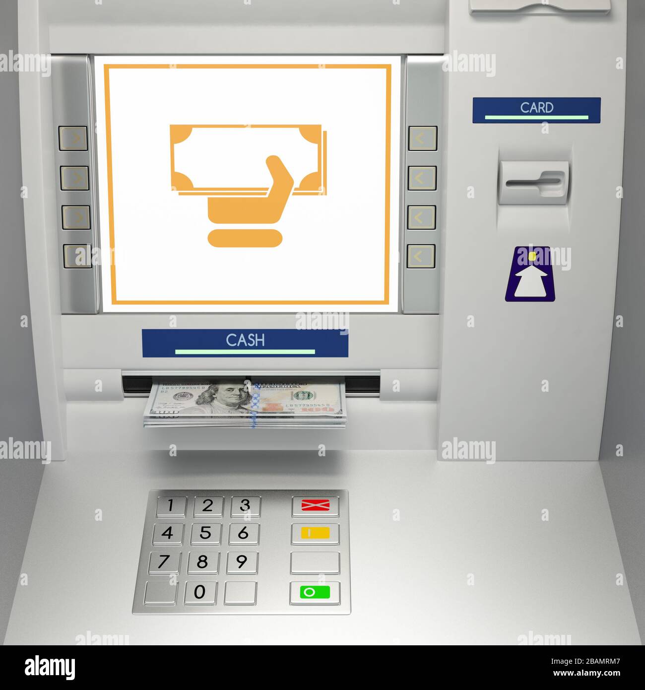 ATM machine, banknotes in money slot Stock Photo