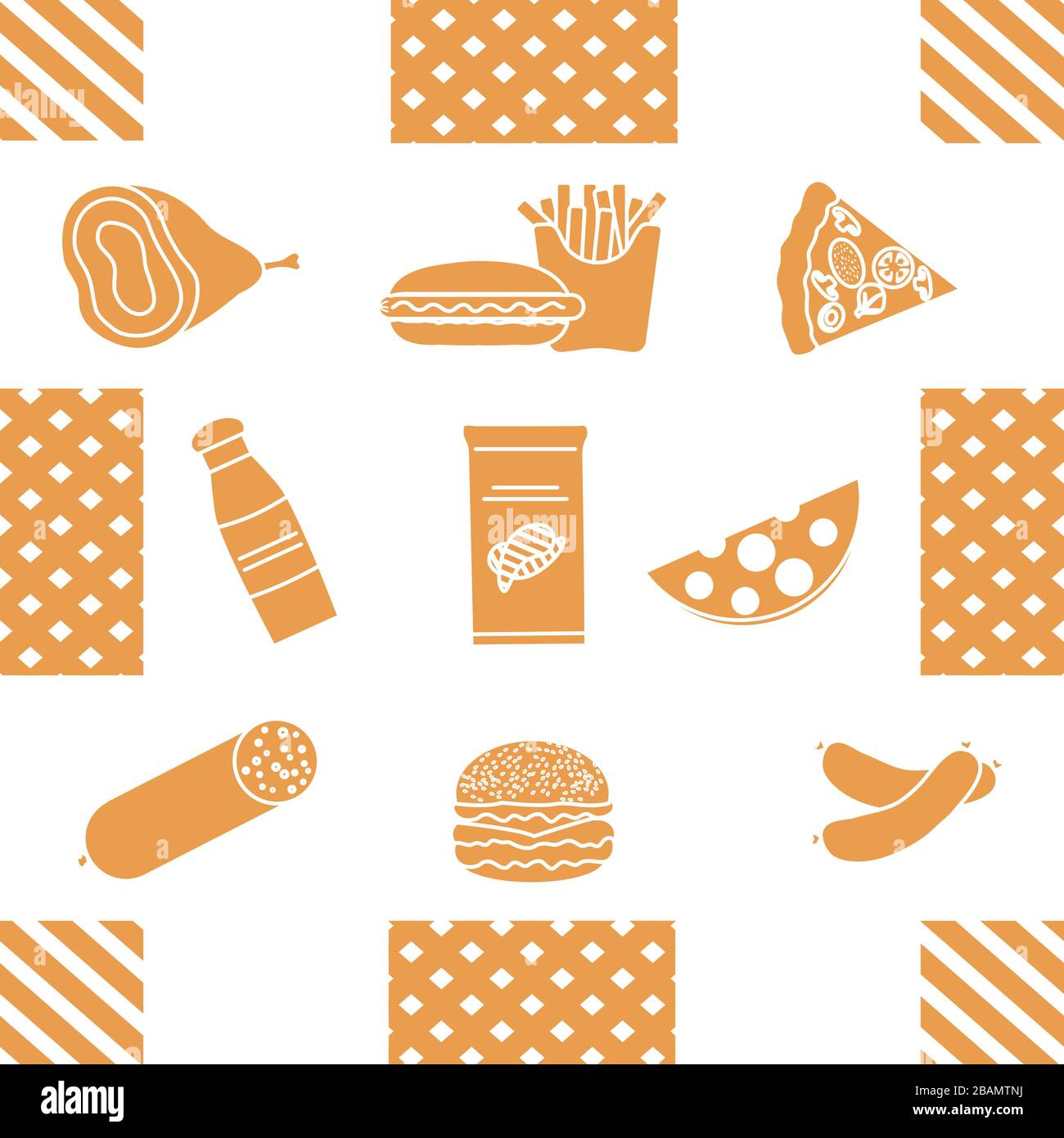 Seamless pattern with food. Sausage, hamburger, cheese, pizza, french