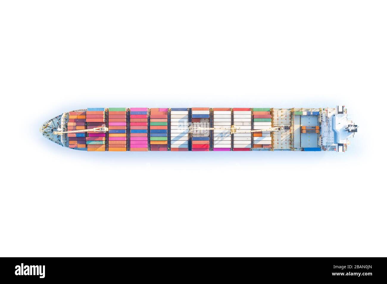 Large full loaded container ship sailing bright blue sea. Top view isolated on white, clipping path included Stock Photo