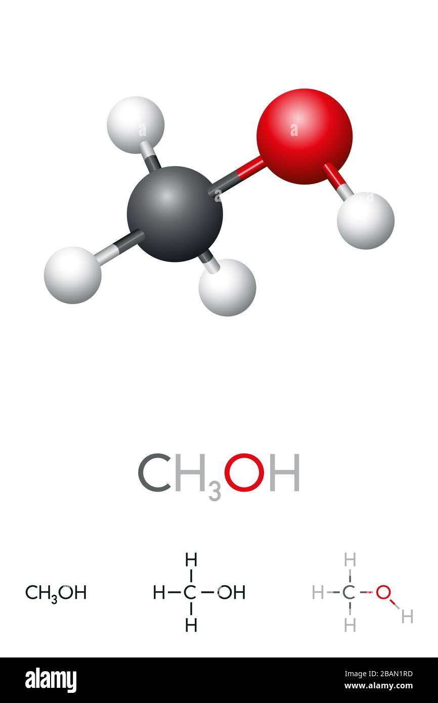 Methanol, CH3OH, molecule model and chemical formula. Methyl alcohol, MeOH, a popular but toxic solvent. Simplest alcohol. Stock Photo