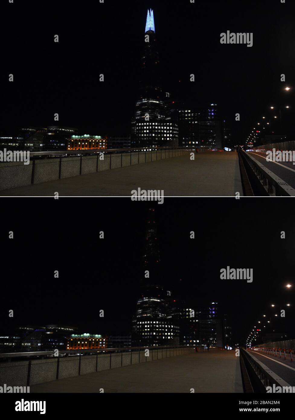 Composite image of The Shard in London, before and during Earth Hour. Famous buildings and structures went dark between the hours of 8.30pm and 9.30pm, as part of the international event organised by WWF to urge action to save the planet. Stock Photo