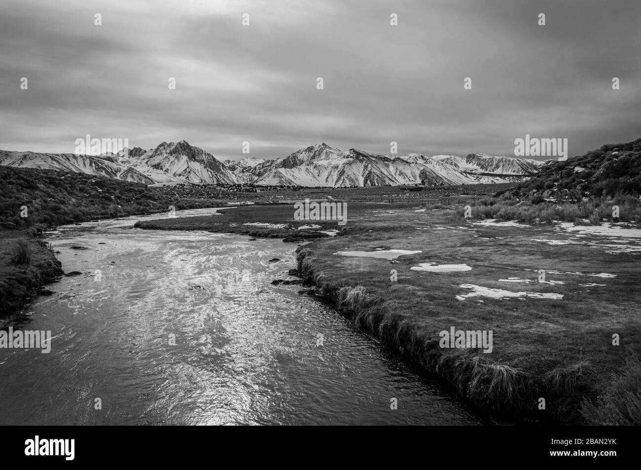 The Hot Creek in Mono Valley between the Sierra and the White Mountains in winter. Stock Photo