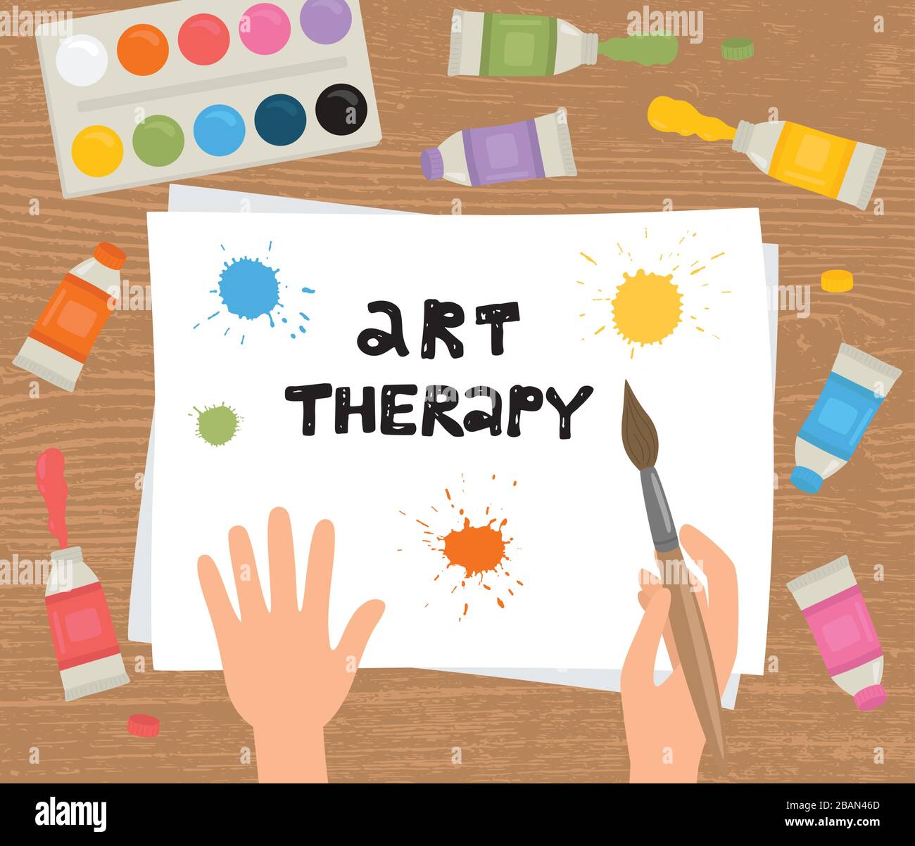 Art therapy. Hands, brush, paint, sheet of paper on a wooden background. Stock Vector
