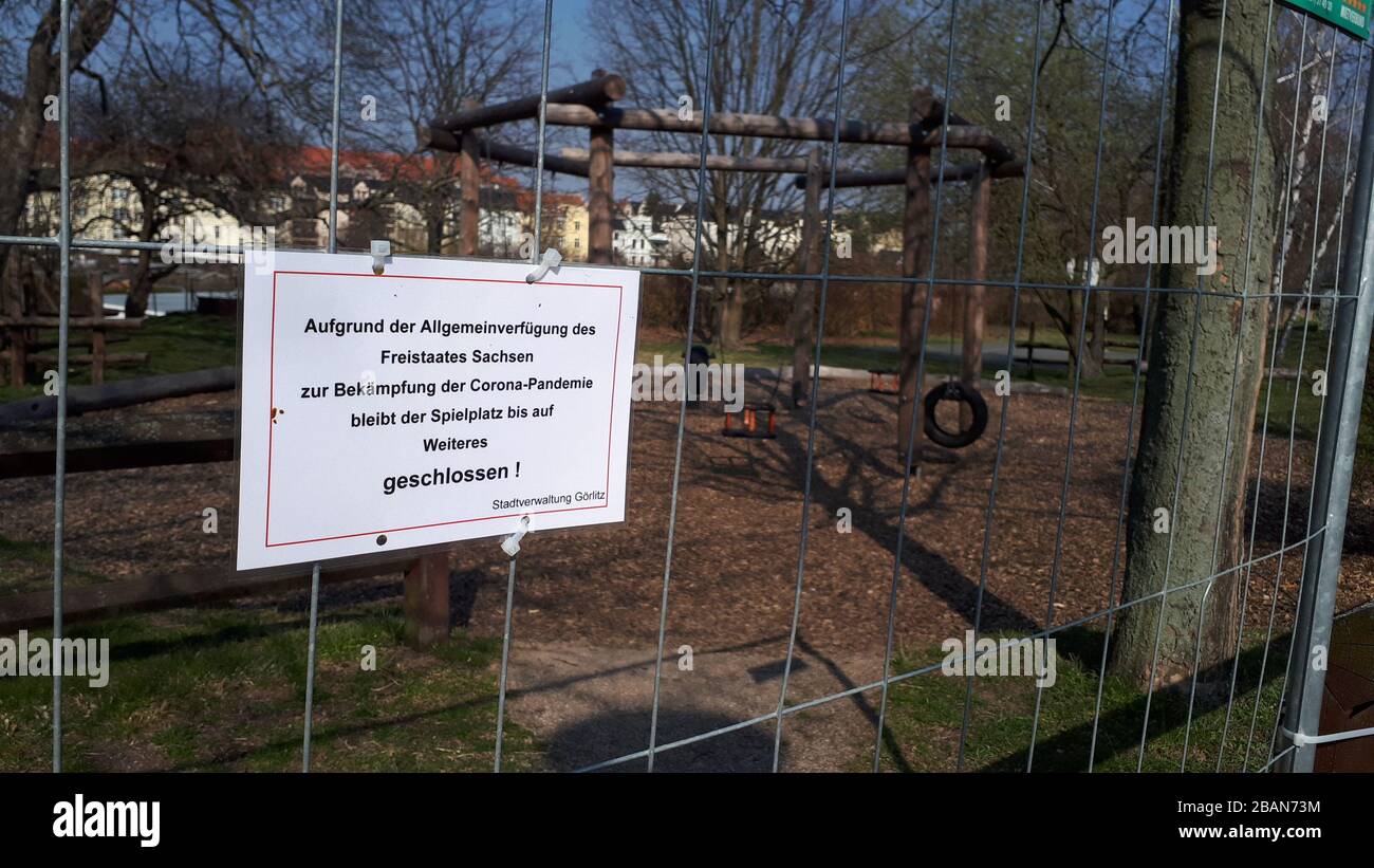 goerlitz germany - march 28, 2020: Zur Vermeidung von Ansteckung  mit dem  Coronavirus, ist das Betreten der Spielplätze bis auf weiteres verboten. An Stock Photo