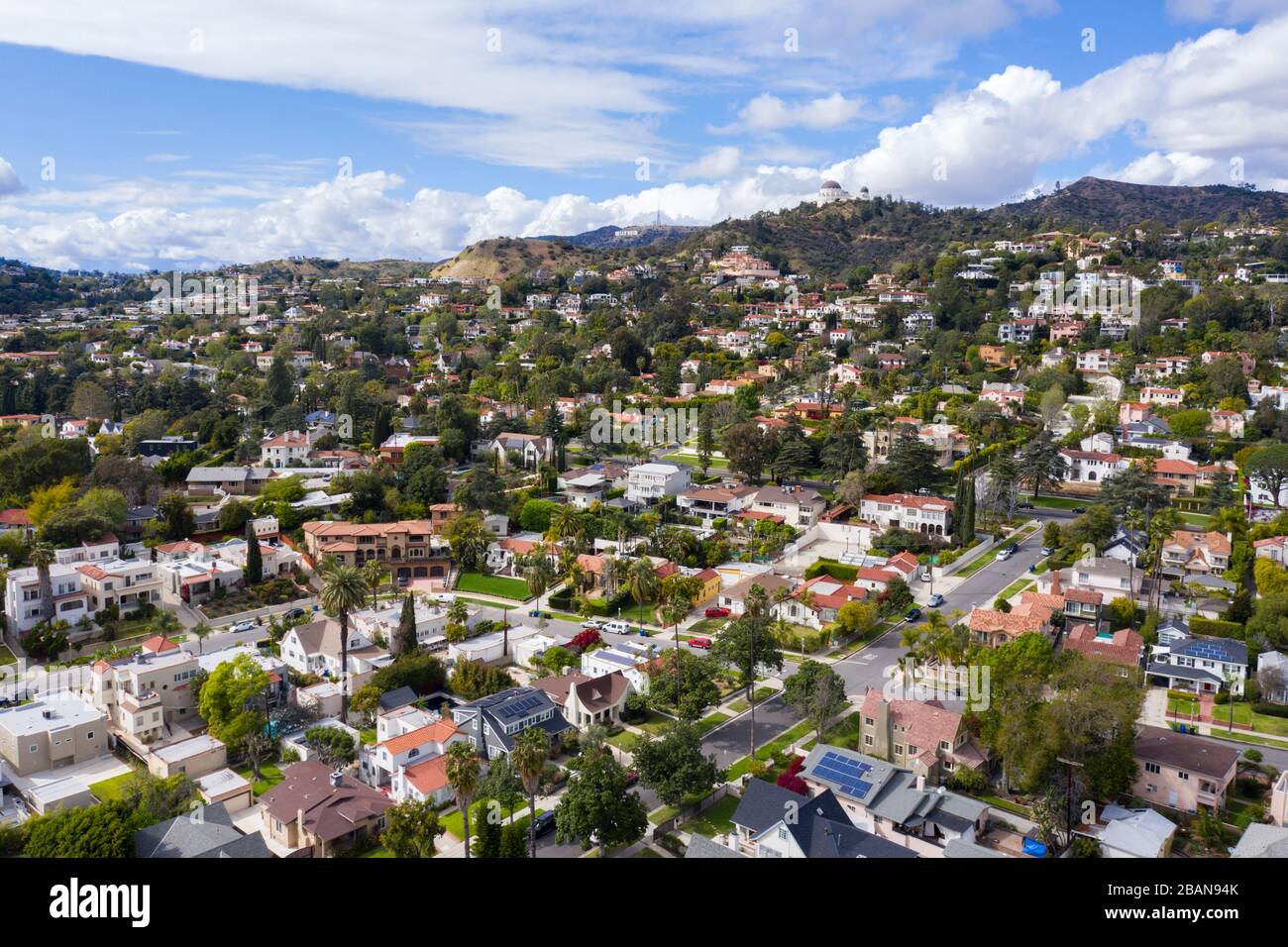 Aerial views of Los Feliz and Hollywood Hills California Stock