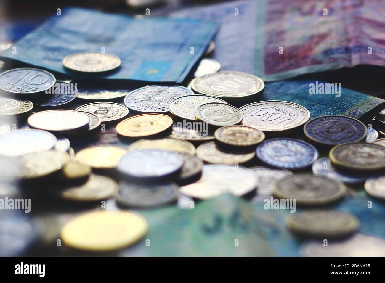 Close up view on central asian kazakh currencies banknotes and coins Stock Photo