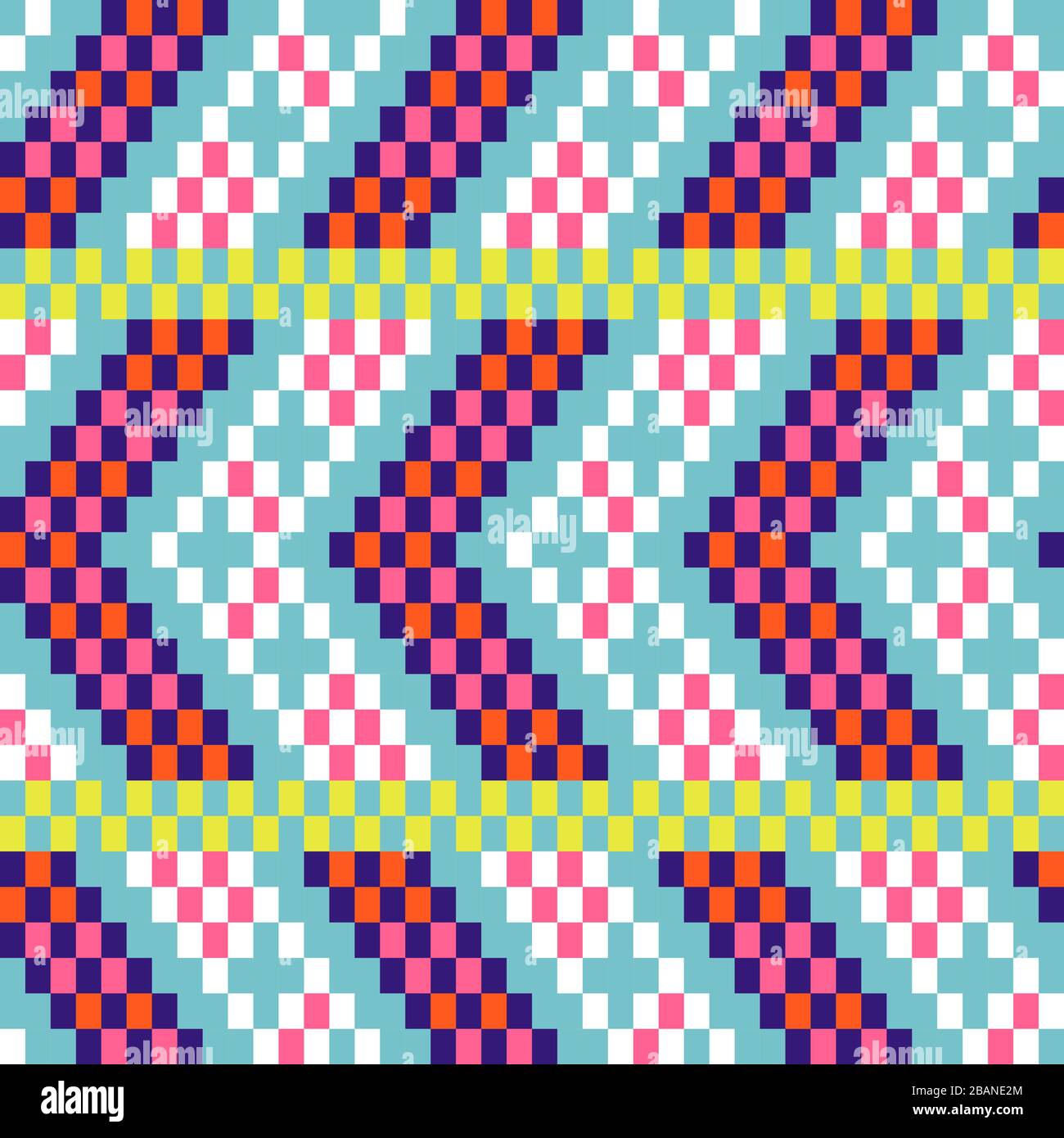 Chevron pixel art seamless pattern blue purple blocks shapes texture. Stock Vector