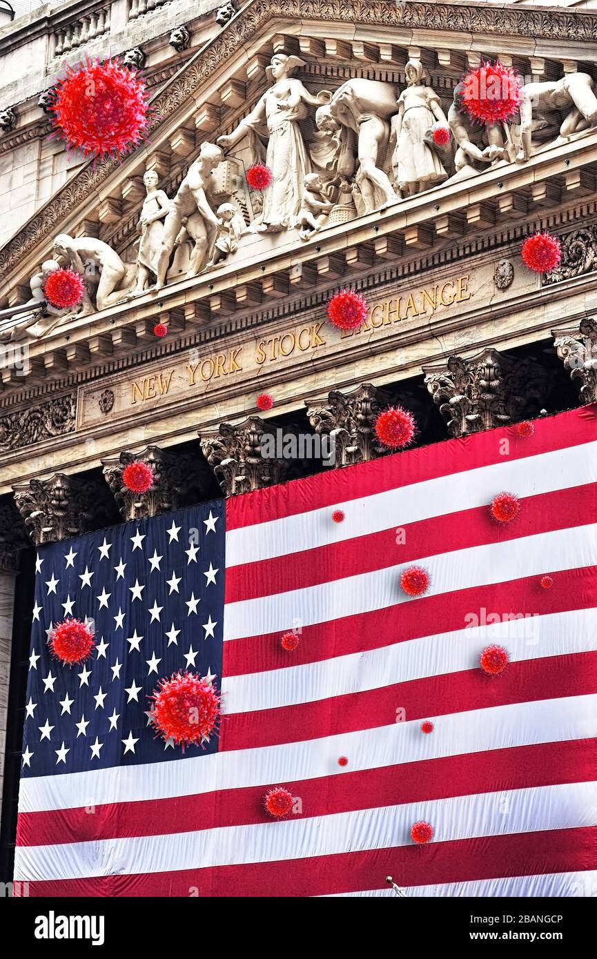 The historic New York Stock Exchange with the Cornonavirus flying around. Stock Photo
